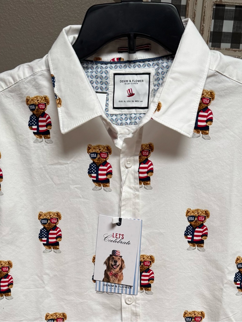 XL ❤️🐻💙 Patriotic DENIM & FLOWER White Button Collar Shirt with USA Bear Print